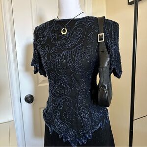 SOLD ‼️Laurence Kazar Black and Blue Beaded Blouse